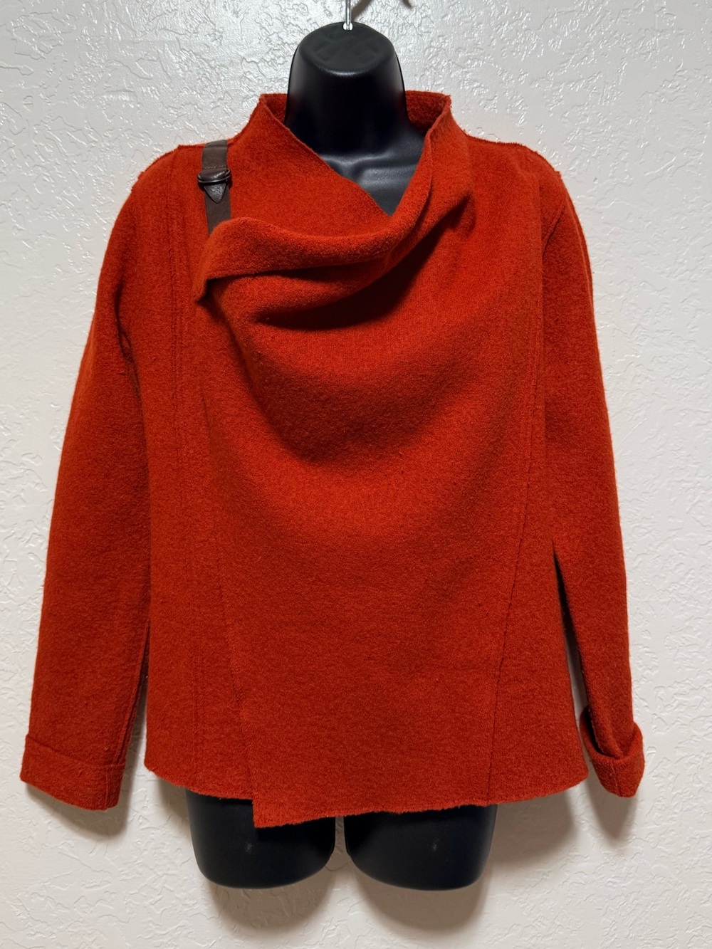 Eileen Fisher 100% Wool Draped Buckle Sweater Rust Red Orange Sz PMedium